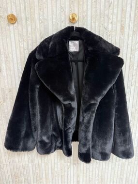 Annie Bing Black Faux Fur Coat - Plush Collared Jacket
